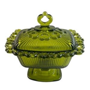 Vintage 7" Olive Green Glass Rectangular Pedestal Lace Candy Dish With Lid